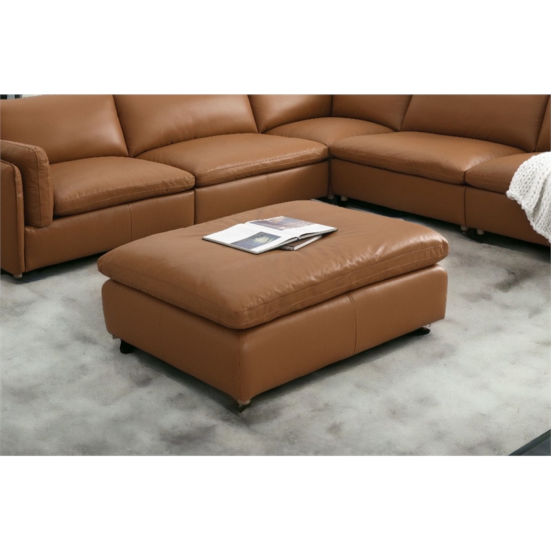 Bowery Hill Ottoman in Brown Genuine Leather with Wooden Inner Frame