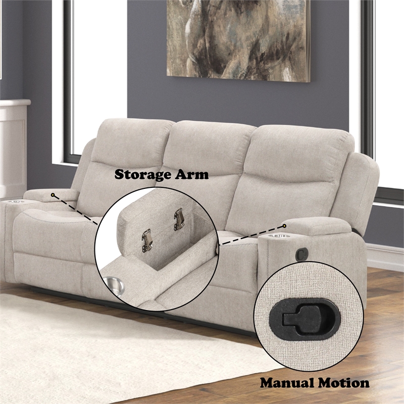 Bowery Hill Motion Sofa in Light Gray Chenille with Storage Armrests