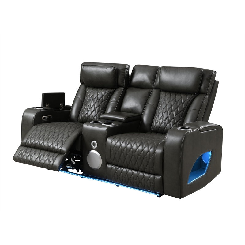 Bowery Hill Power Motion Loveseat with Quilted Microfiber in Dark Gray