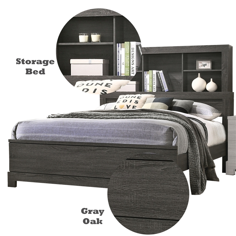 Bowery Hill Queen Storage Bed with Bookcase Headboard in Gray Oak