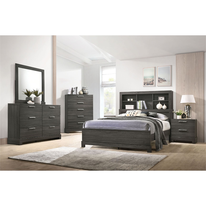Bowery Hill Queen Storage Bed with Bookcase Headboard in Gray Oak