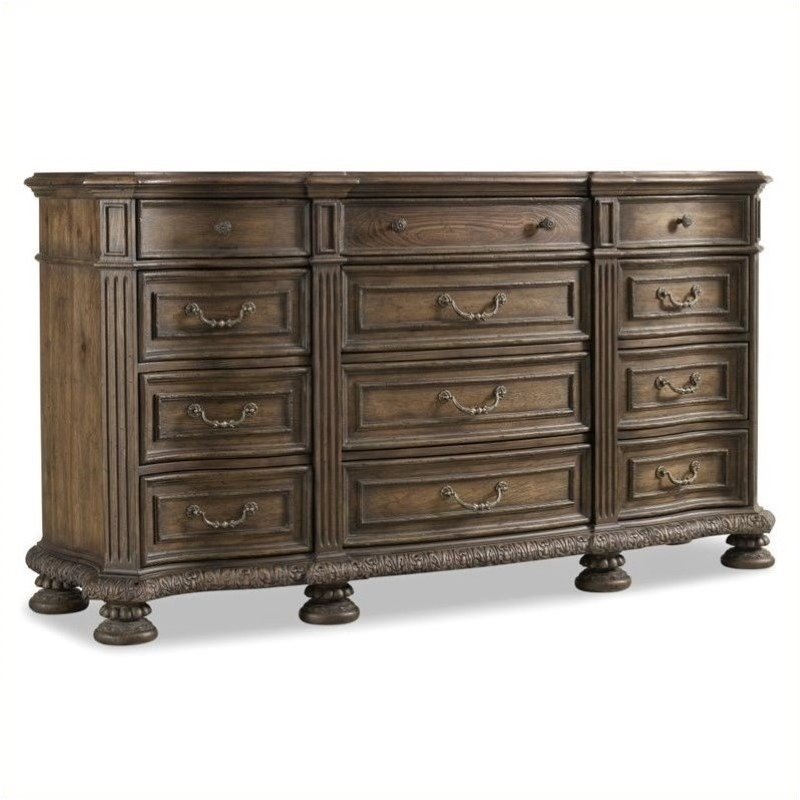 Bowery Hill 12-Drawer Triple Dresser in Rustic Walnut Wood Finish
