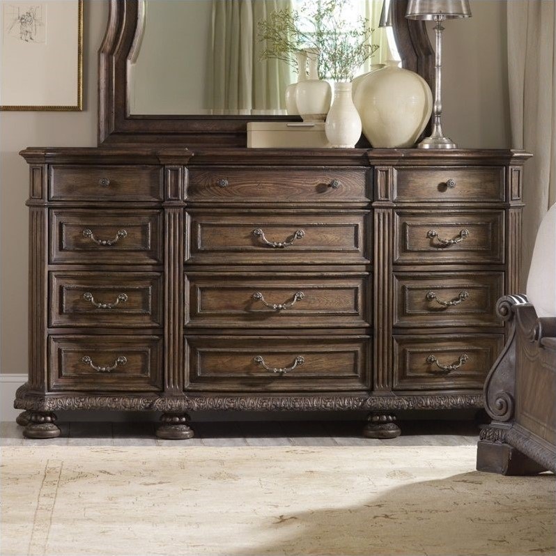 Bowery Hill 12-Drawer Triple Dresser in Rustic Walnut Wood Finish