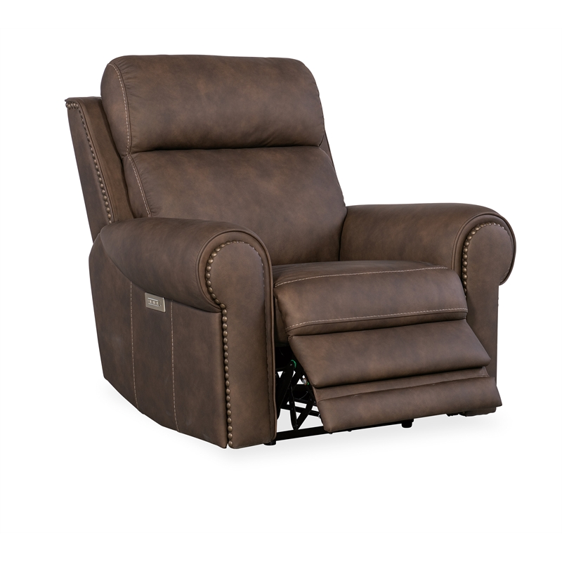 Bowery Hill Power Leather Recliner with Power Headrest in Brown