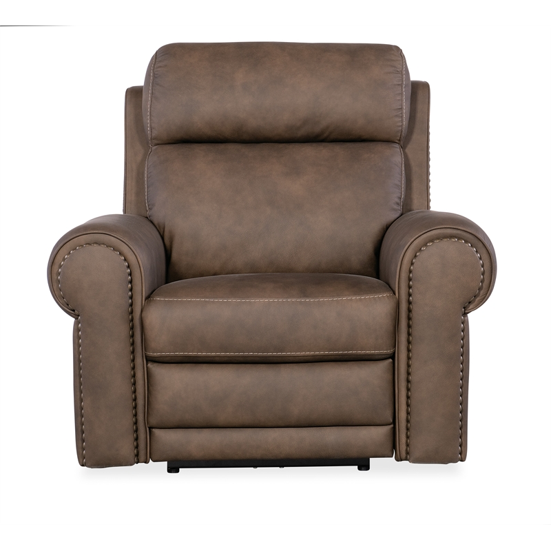 Bowery Hill Power Leather Recliner with Power Headrest in Brown
