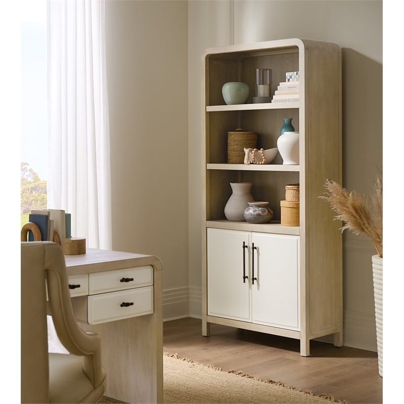 Bowery Hill Two-Tone Bookcase with Leathered Doors in Natural Wood