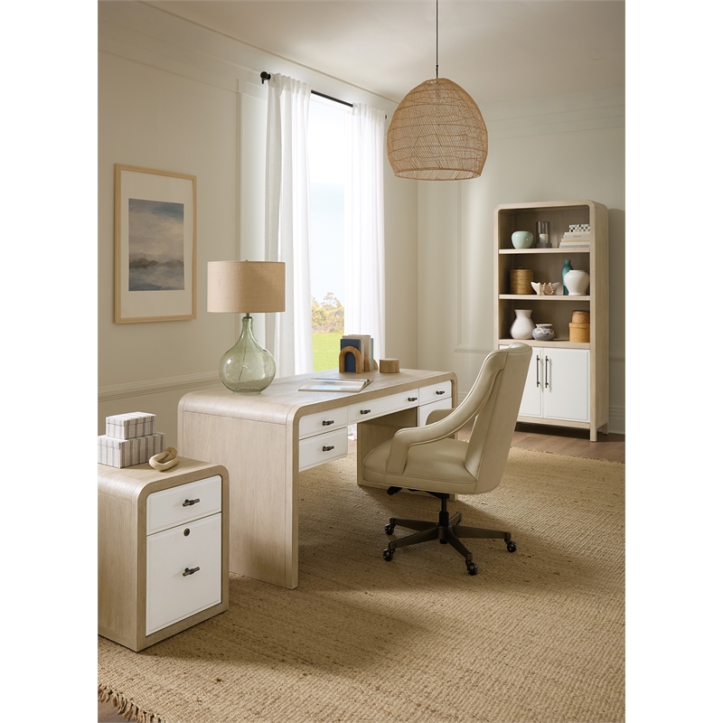 Bowery Hill Two-Tone Bookcase with Leathered Doors in Natural Wood
