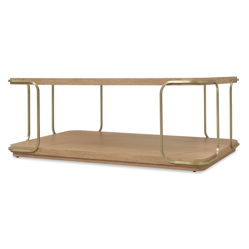 Bowery Hill Rectangle Cocktail Table with Brass Trim in Natural Wood