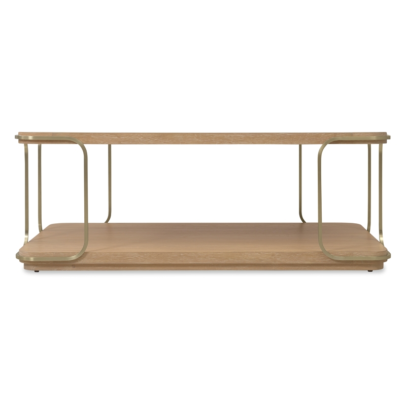 Bowery Hill Rectangle Cocktail Table with Brass Trim in Natural Wood