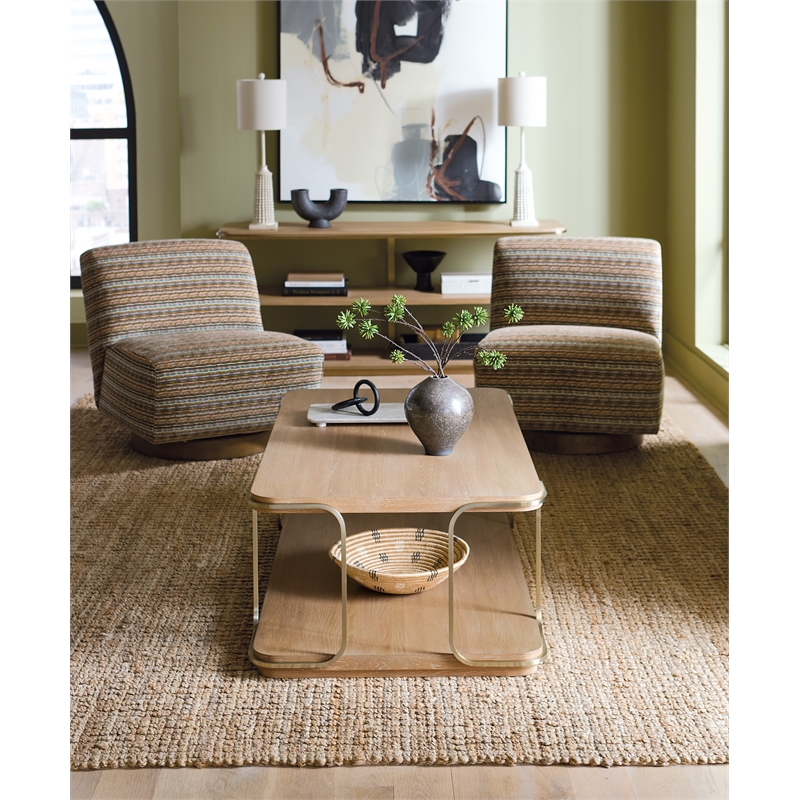Bowery Hill Rectangle Cocktail Table with Brass Trim in Natural Wood
