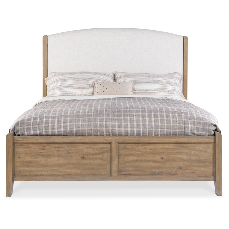 Bowery Hill Queen Upholstered Bed in Beige with Hickory Frame