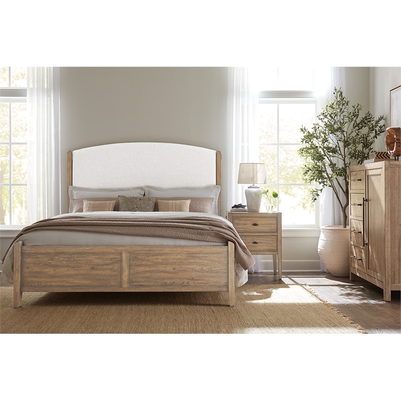 Bowery Hill Queen Upholstered Bed in Beige with Hickory Frame