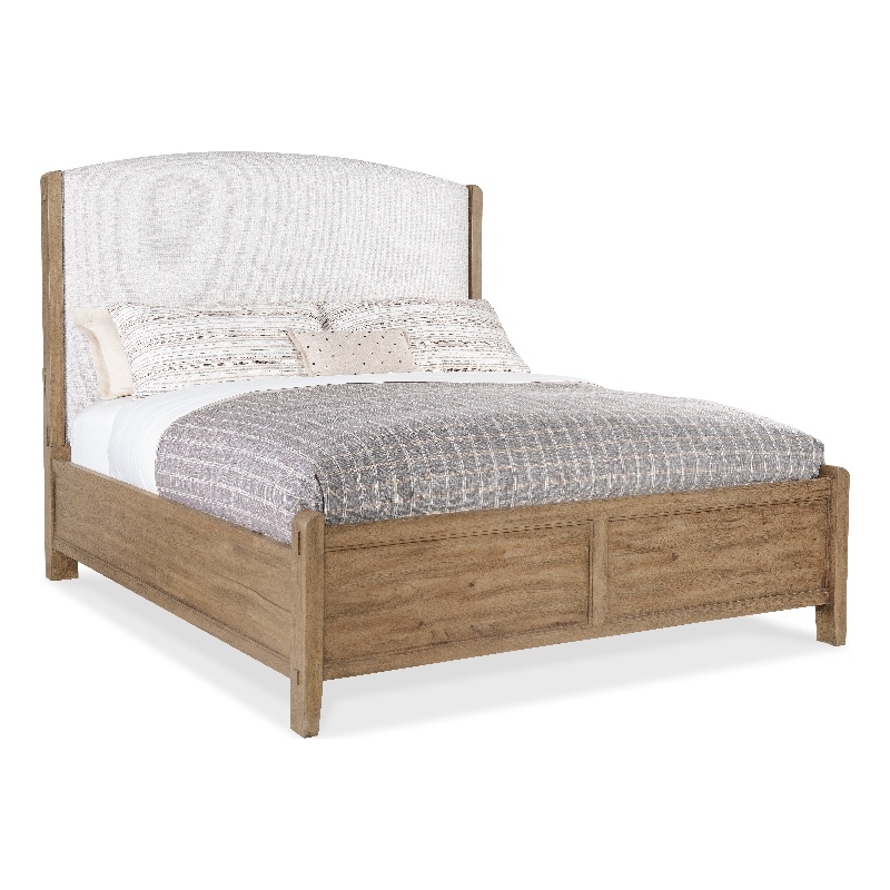 Bowery Hill Queen Upholstered Bed in Beige with Hickory Frame