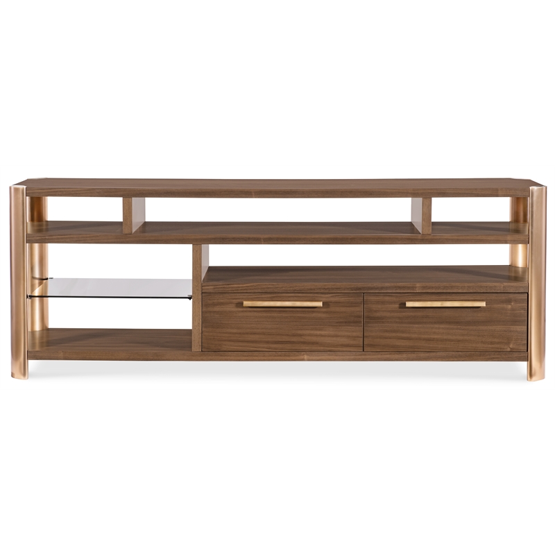 Bowery Hill Entertainment Console with Glass Shelf in Medium Wood