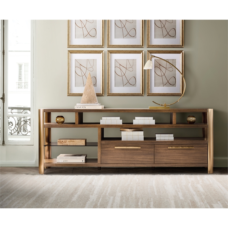 Bowery Hill Entertainment Console with Glass Shelf in Medium Wood