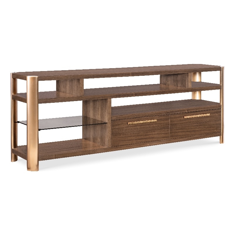 Bowery Hill Entertainment Console with Glass Shelf in Medium Wood