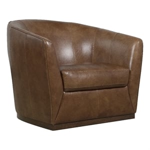 Bowery Hill Barrel-Back Swivel Chair in Genuine Dark Brown Leather