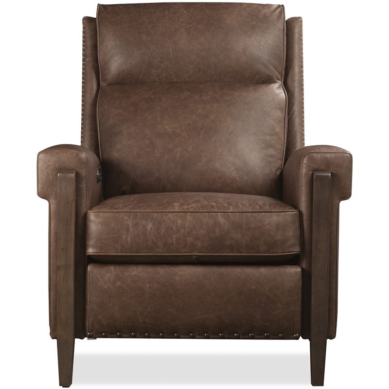 Bowery Hill Power Recliner with Nailhead Trim in Brown Leather