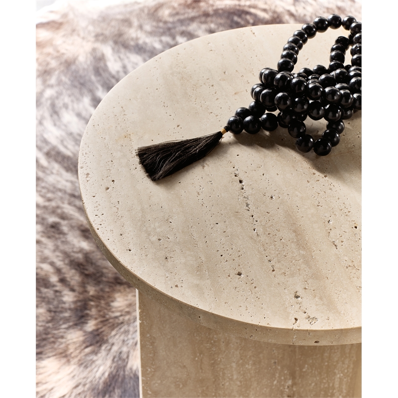 Bowery Hill Round Honed Travertine End Table in Cream and Beige