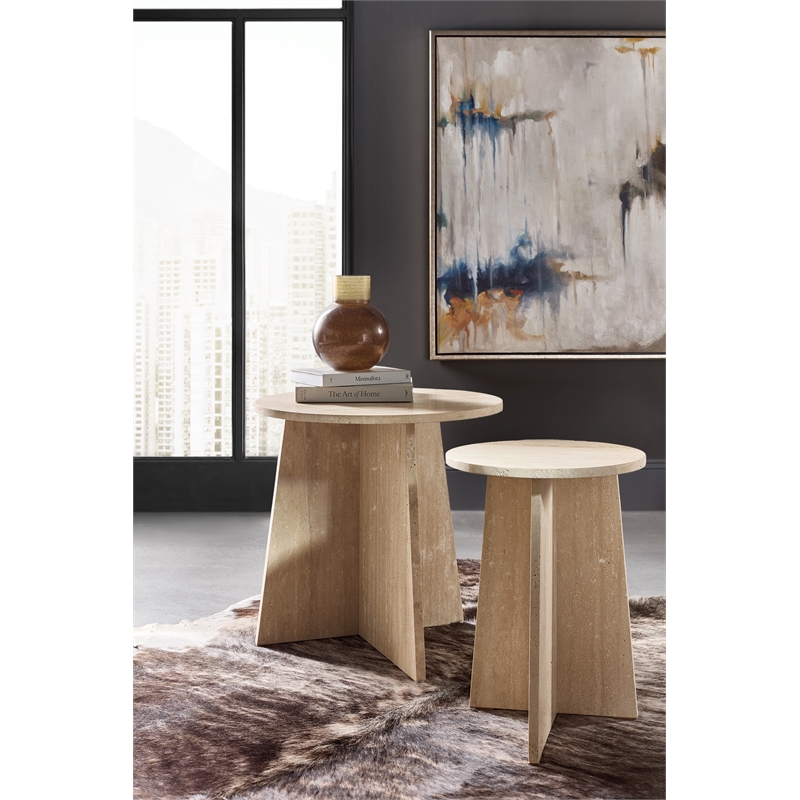 Bowery Hill Round Honed Travertine End Table in Cream and Beige