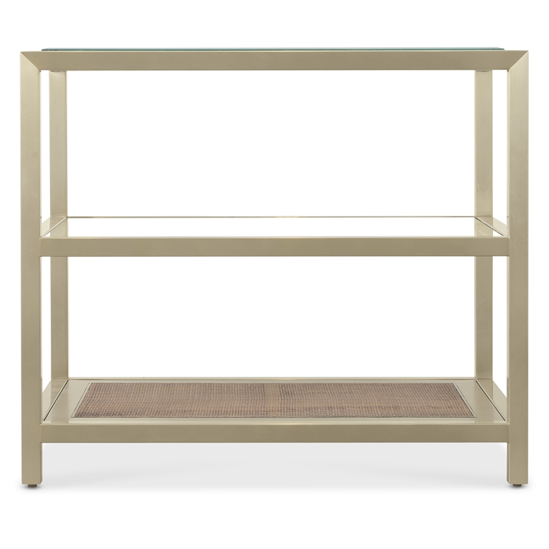 Bowery Hill End Table with Glass Top and Cane Shelf on Steel Base