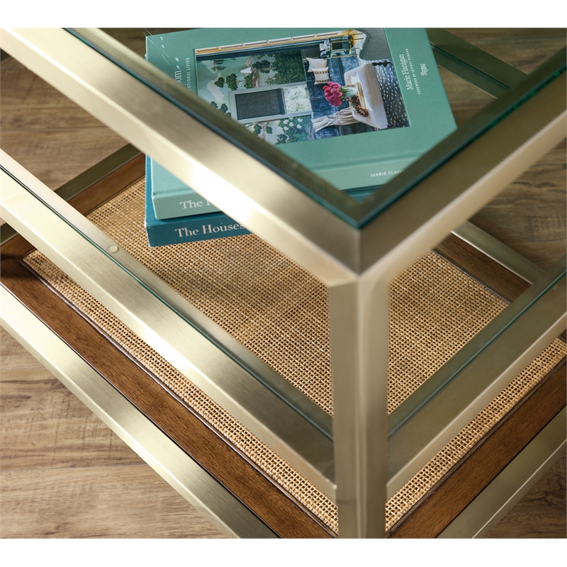 Bowery Hill End Table with Glass Top and Cane Shelf on Steel Base