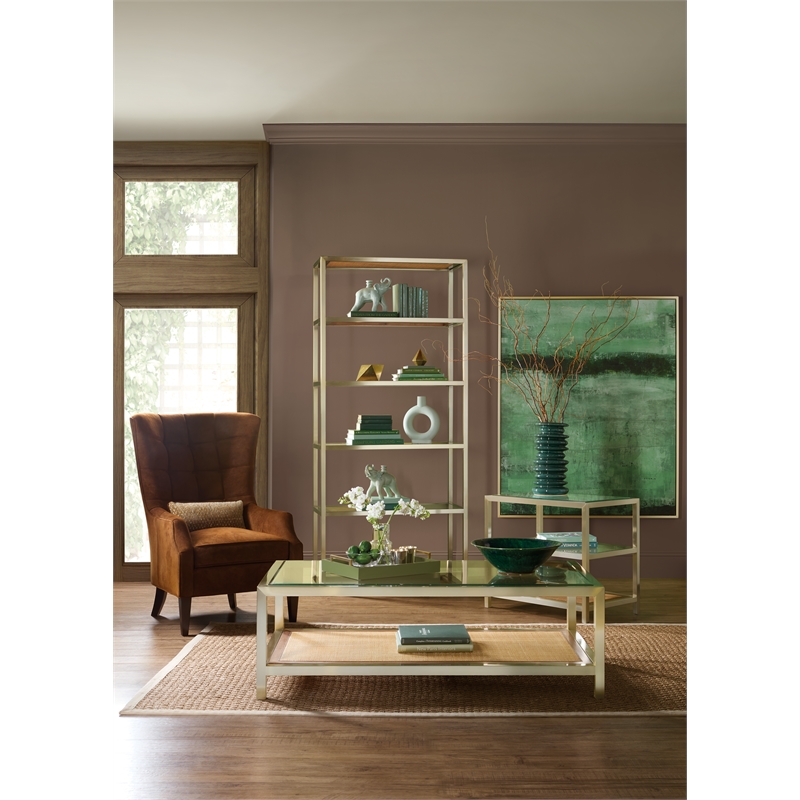 Bowery Hill End Table with Glass Top and Cane Shelf on Steel Base