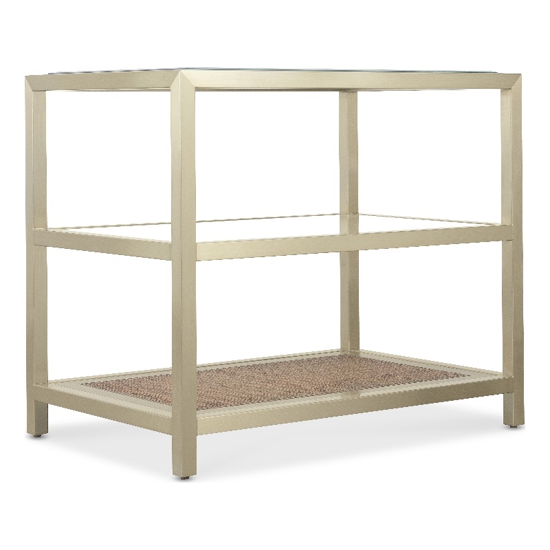 Bowery Hill End Table with Glass Top and Cane Shelf on Steel Base