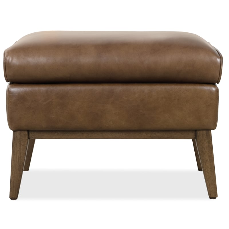 Bowery Hill Rectangular Ottoman with Wood Legs in Brown Leather
