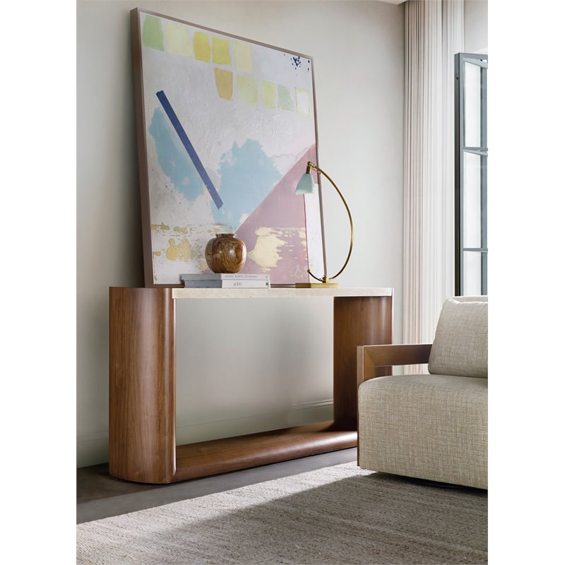 Bowery Hill Console Table with Marble Top in Medium Wood Finish