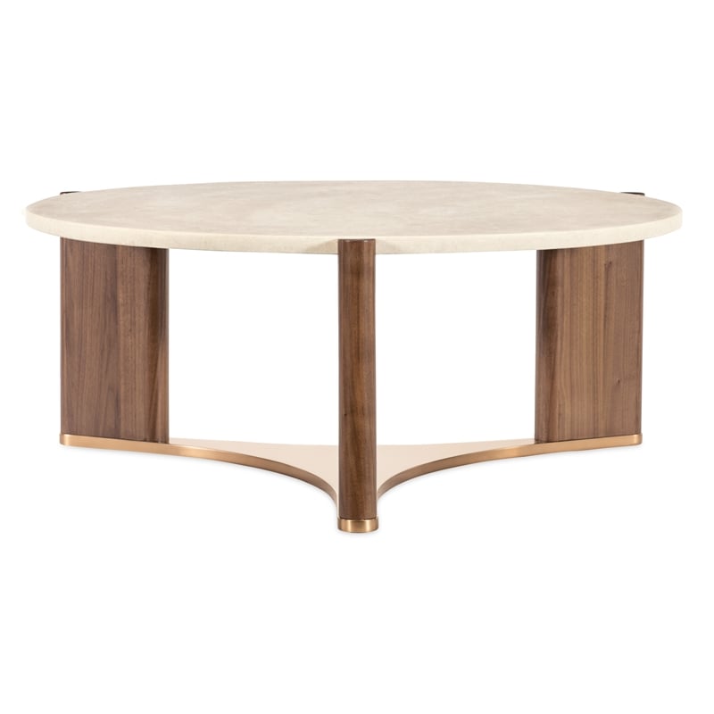 Bowery Hill Round Cocktail Table with Marble Top in Medium Wood