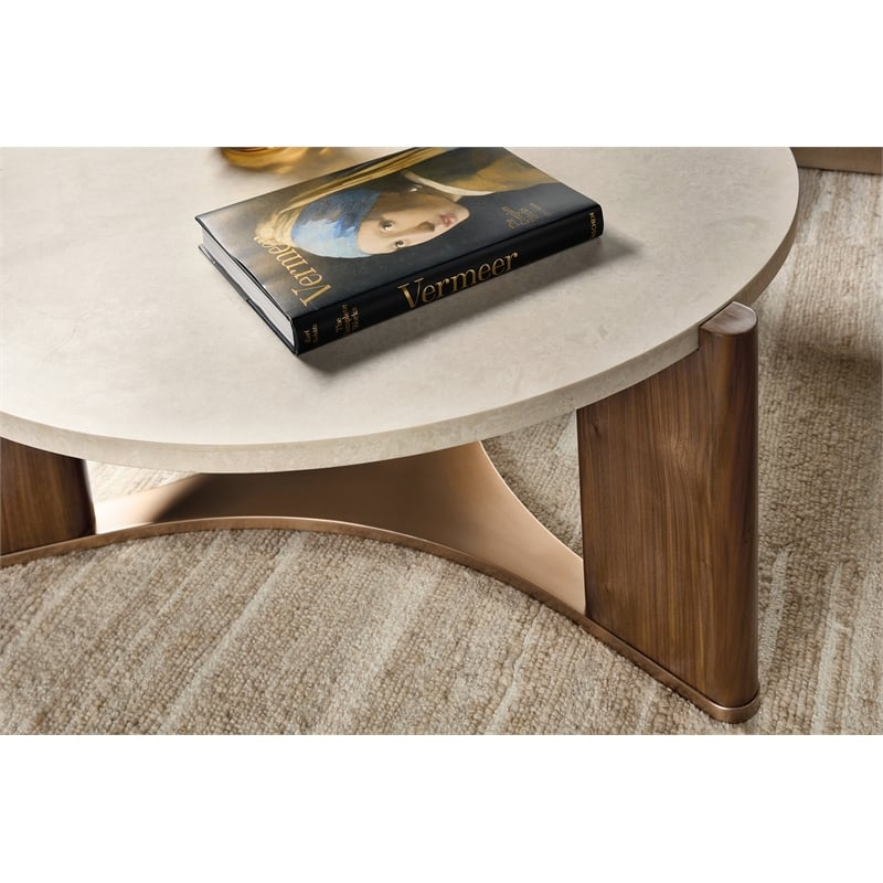Bowery Hill Round Cocktail Table with Marble Top in Medium Wood