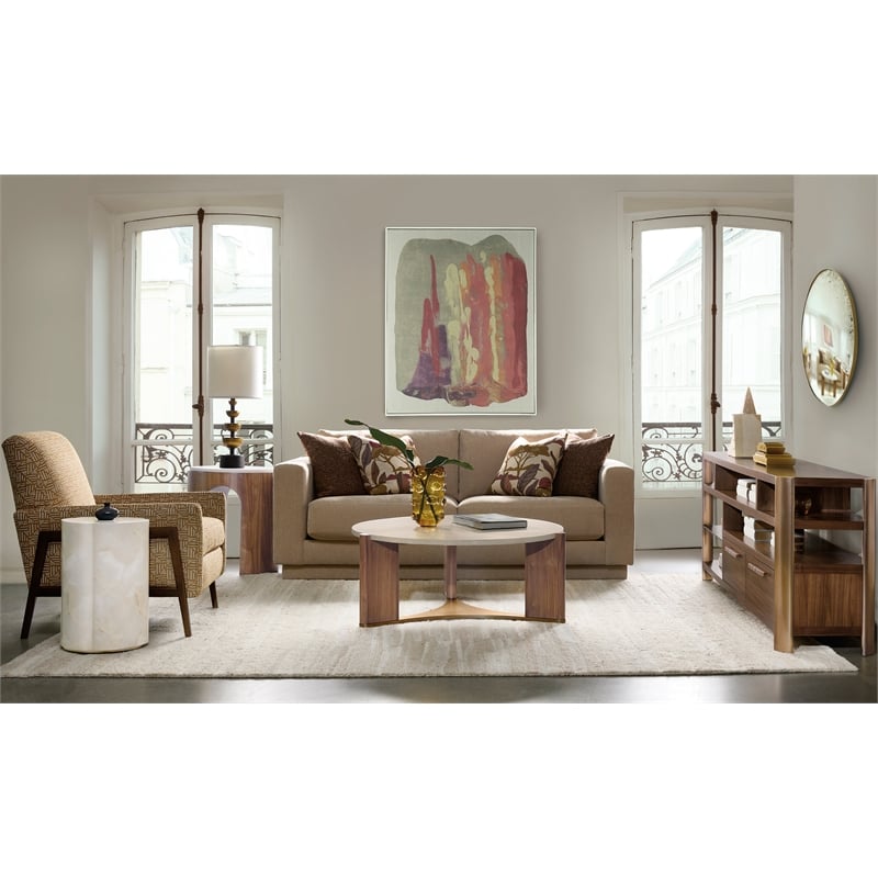 Bowery Hill Round Cocktail Table with Marble Top in Medium Wood