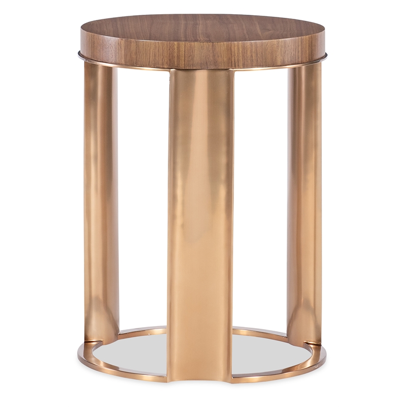 Bowery Hill Round Metal Base Accent Table in Medium Wood Finish