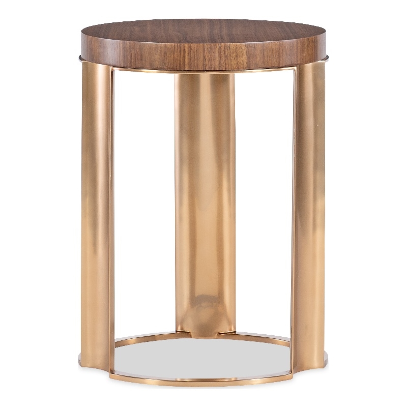 Bowery Hill Round Metal Base Accent Table in Medium Wood Finish