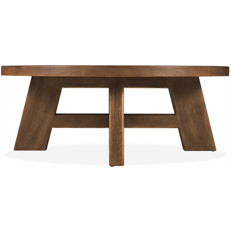 Bowery Hill Round Cocktail Table with X-Stretcher in Brown Wood