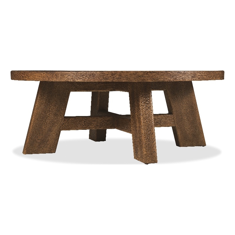 Bowery Hill Round Cocktail Table with X-Stretcher in Brown Wood