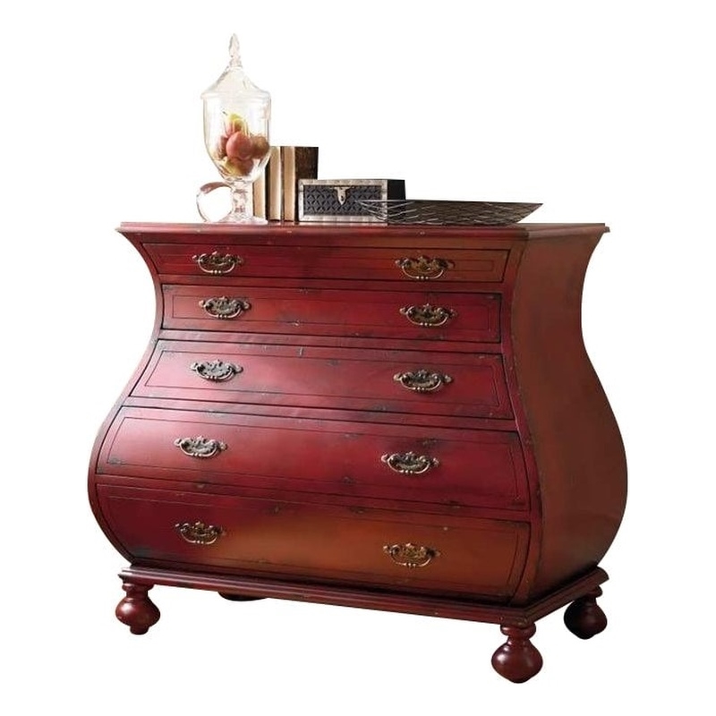 Bowery Hill Bombe Wood Accent Chest in Distressed Red with 5 Drawers