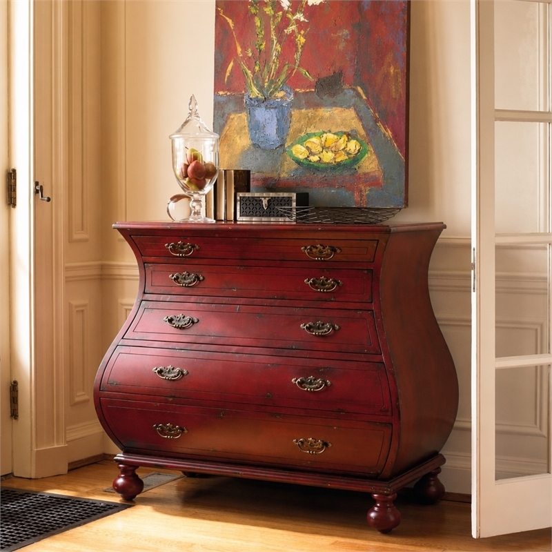 Bowery Hill Bombe Wood Accent Chest in Distressed Red with 5 Drawers