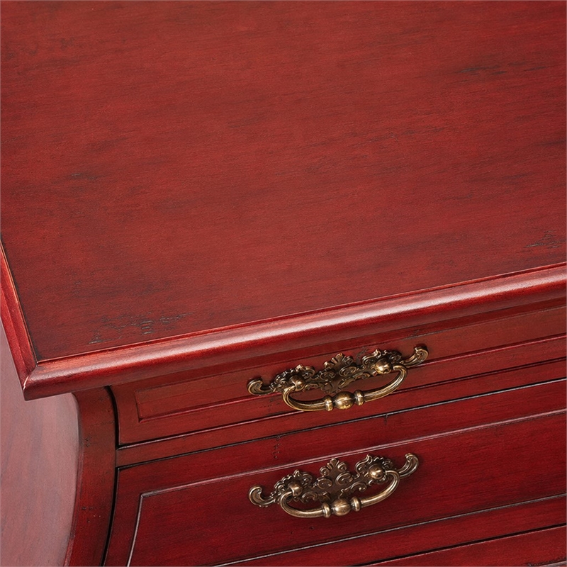 Bowery Hill Bombe Wood Accent Chest in Distressed Red with 5 Drawers