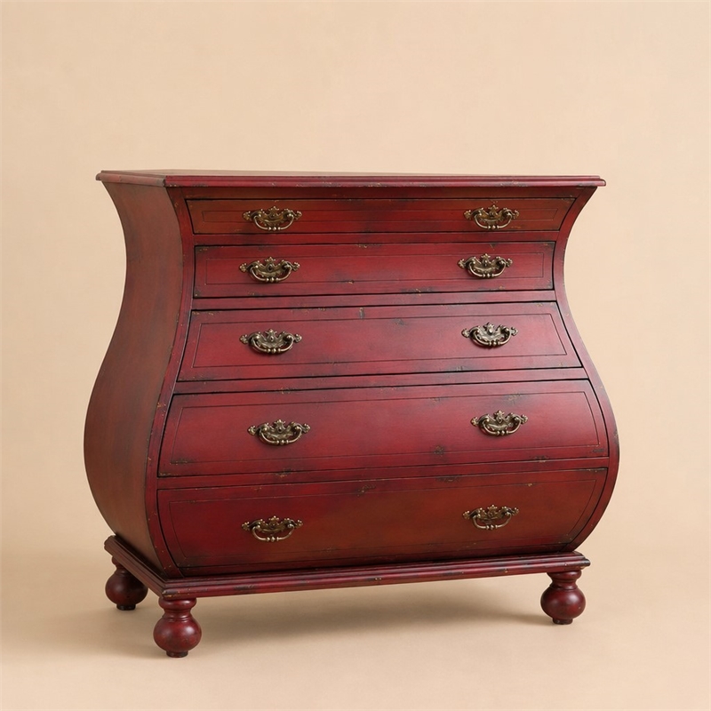 Bowery Hill Bombe Wood Accent Chest in Distressed Red with 5 Drawers