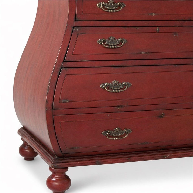 Bowery Hill Bombe Wood Accent Chest in Distressed Red with 5 Drawers
