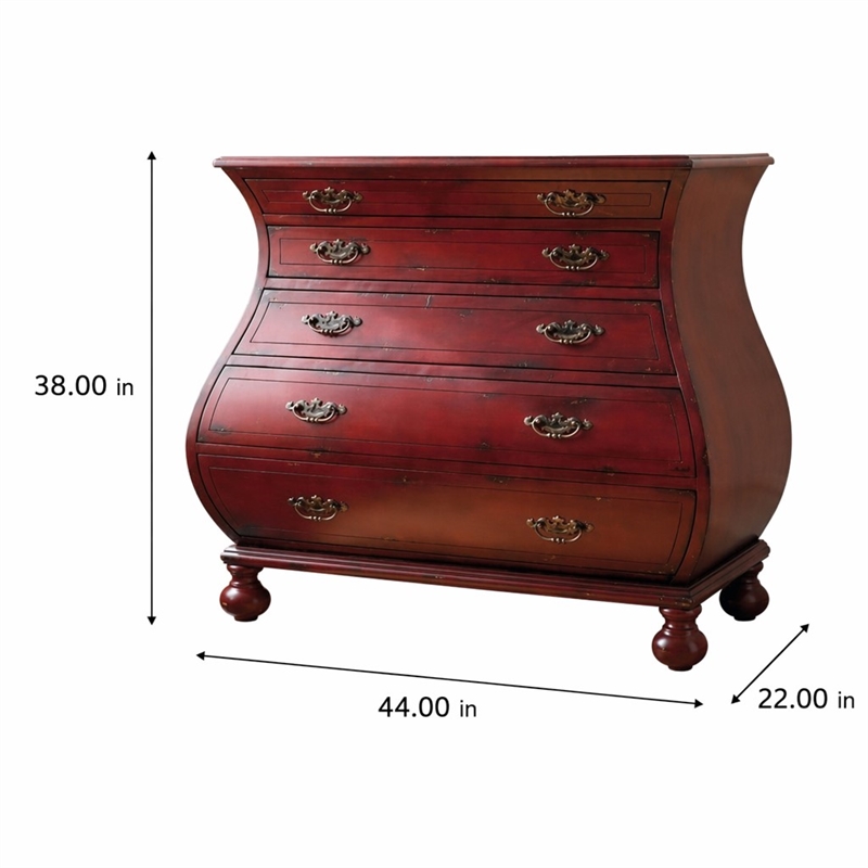 Bowery Hill Bombe Wood Accent Chest in Distressed Red with 5 Drawers