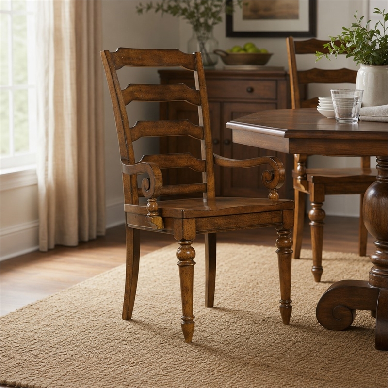 Bowery Hill Ladderback Dining Arm Chair in Chestnut Brown Wood