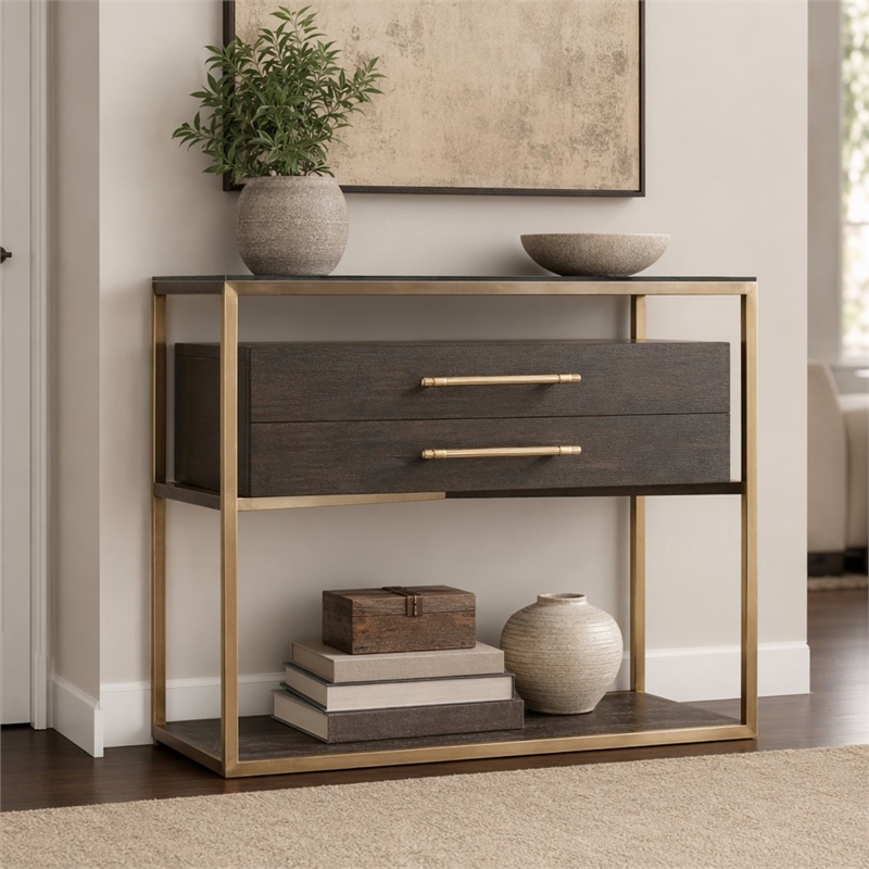 Bowery Hill Nightstand with Brass Frame in Midnight Brown Finish