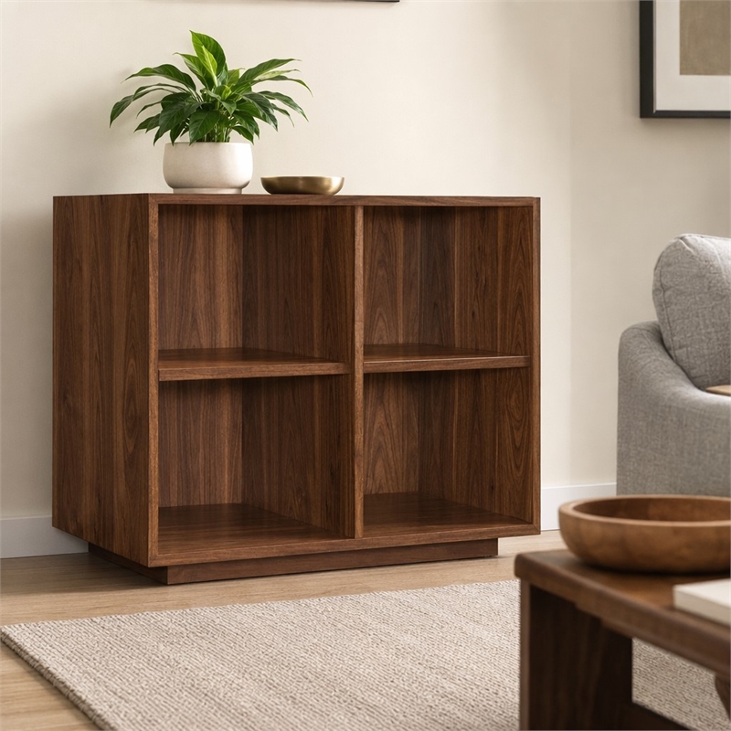 Bowery Hill 4 Cubby Short Bookcase in Wood Brown Finish
