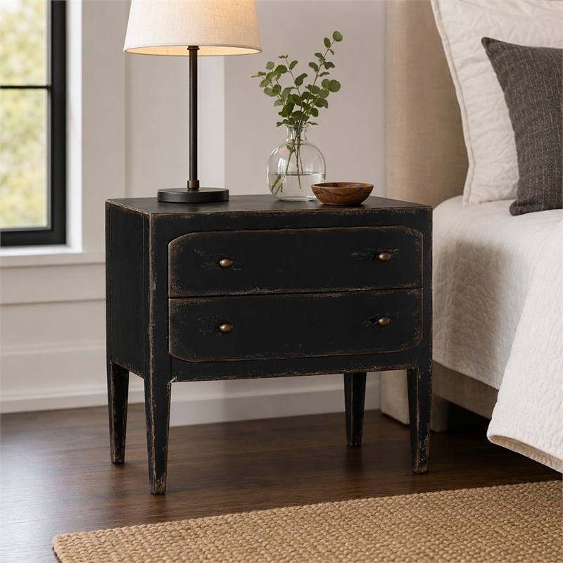 Bowery Hill 2-Drawer Wood Nightstand in Distressed Black