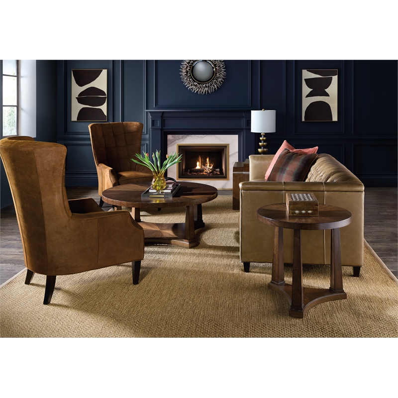 Bowery Hill Round Cocktail Table with Open Shelf in Dark Natural Wood Finish
