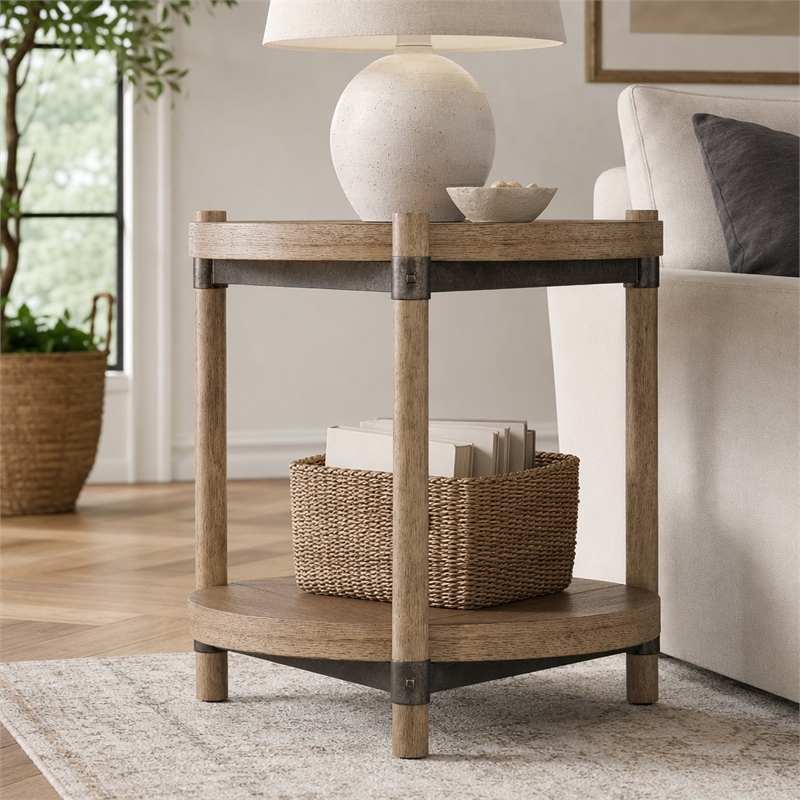 Bowery Hill Round End Table with Wood and Metal in Natural Finish