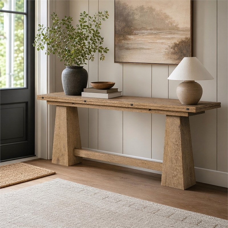 Bowery Hill Flip-Top Console Table in Light Wood with Oak Finish